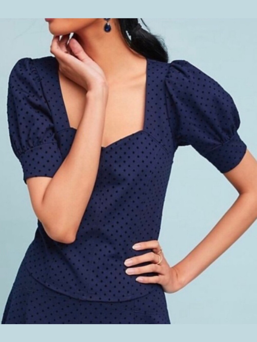 Anthropologie Maeve Sevigny Top Clip-dot polka dots sweetheart neck puff sleeve